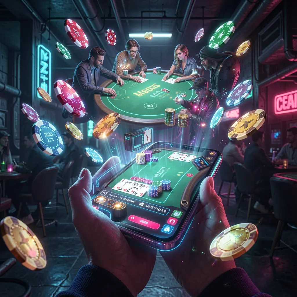 Futuristic holographic casino display with glowing coins and chips above a smartphone showcasing the CRABJL mobile casino app in the Philippines