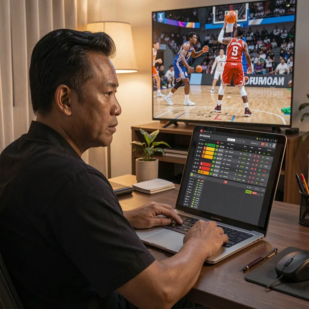 Focused Filipino sports bettor using a laptop with the CRABJL betting interface in a cozy home setting while watching a live basketball game