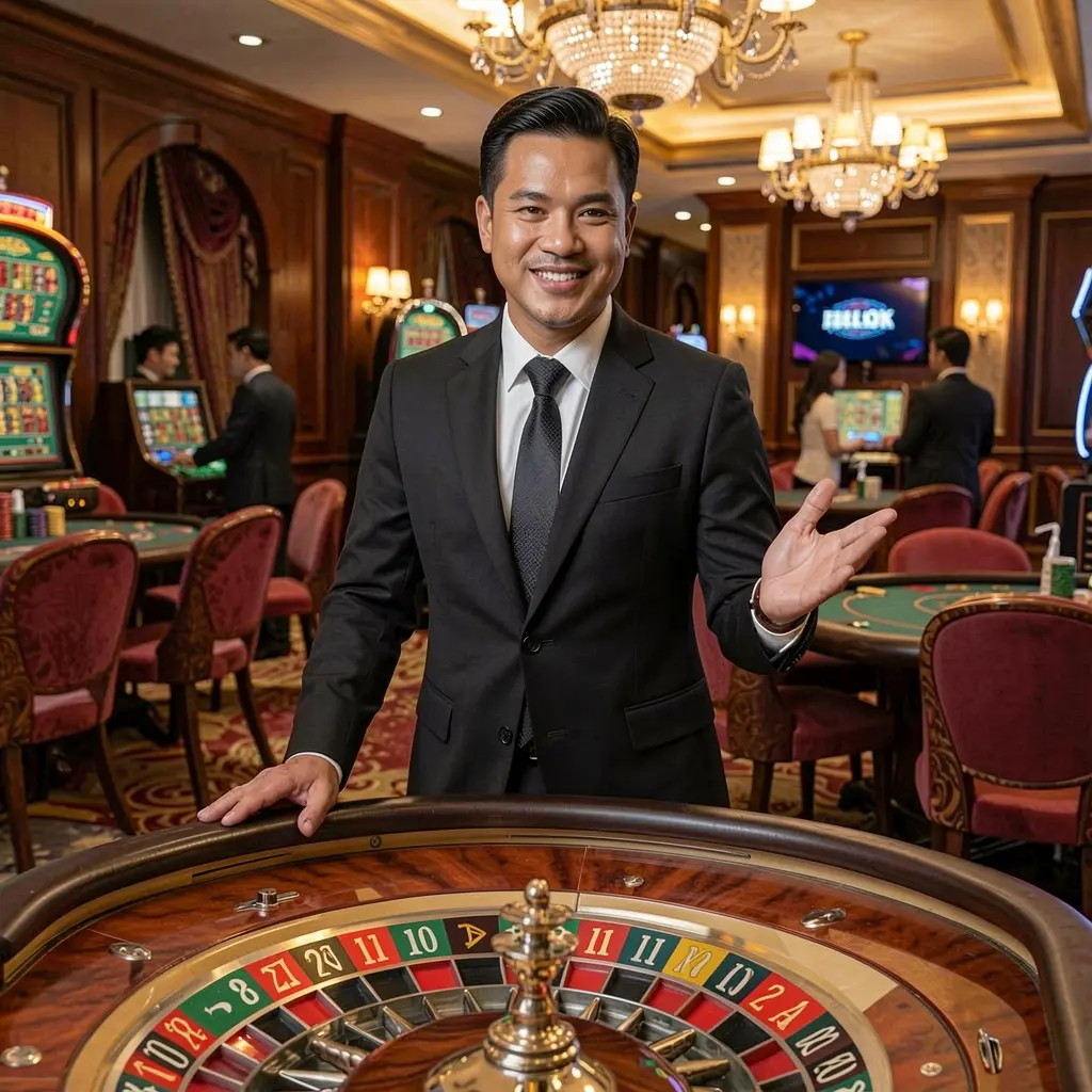 Elegant live casino dealer in a tailored suit presenting a roulette table in a glamorous studio atmosphere at CRABJL casino for players in the Philippines