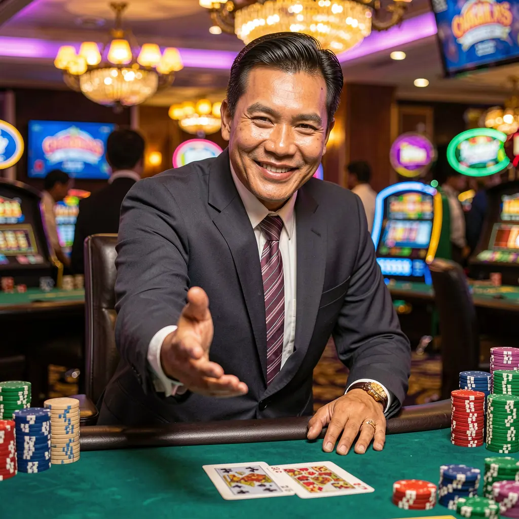Smiling casino dealer reaching out with poker chips floating around highlighting secure and welcoming CRABJL login for players in the Philippines