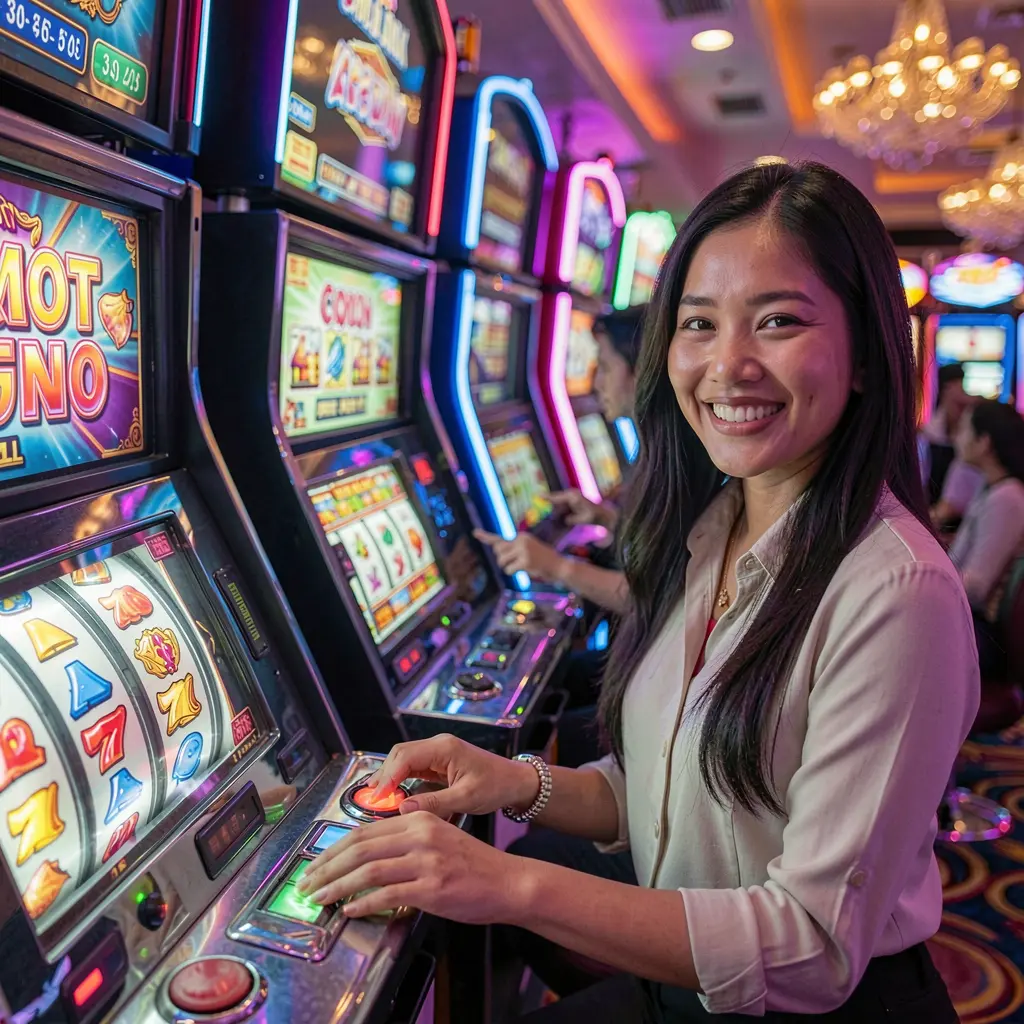 Close up of a smiling Filipino woman enjoying modern slot machines with bright reels and neon casino lights at CRABJL online casino platform